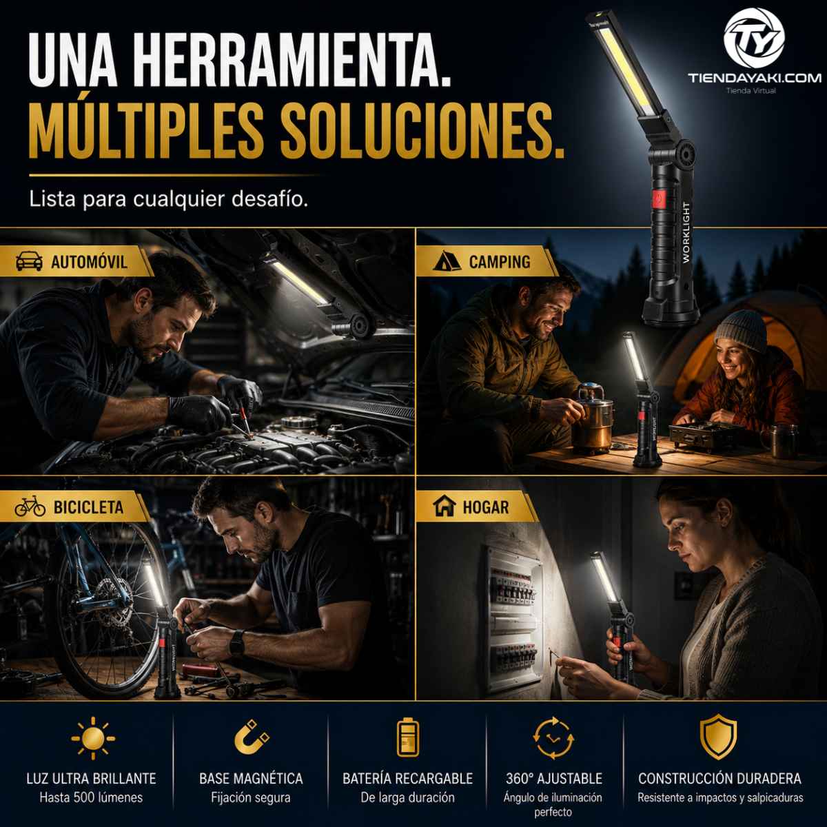 Linterna Magnética COB 360° Recargable USB, Ilumina tu Taller sin Soltar las Manos